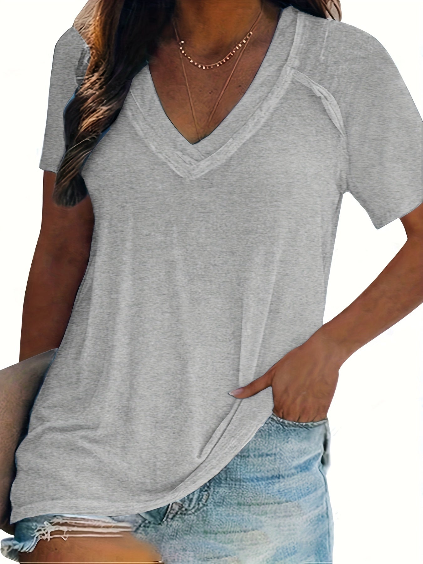 Vzyzv Versatile Solid V Neck T-Shirt, Casual Short Sleeve T-Shirt For Spring & Summer, Women's Clothing