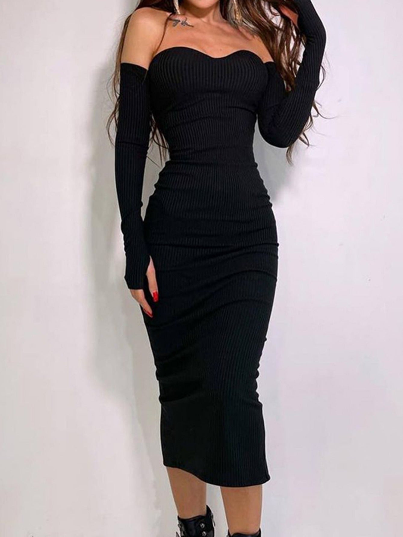 Vzyzv Women's Dresses Women Fall Sexy V Neck Knit Long Sleeve Solid Ribbed Bodycon Midi Dresses