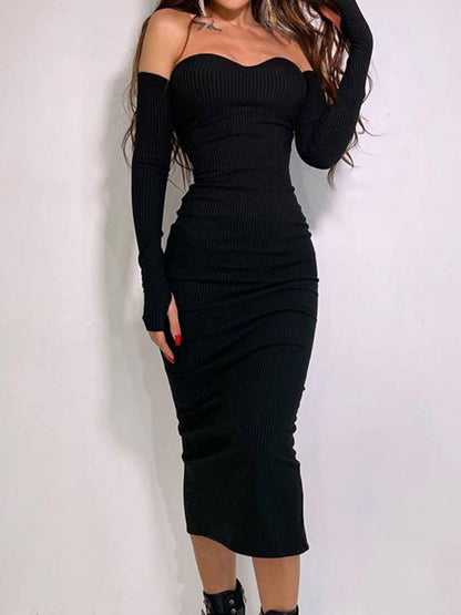 Vzyzv Women's Dresses Women Fall Sexy V Neck Knit Long Sleeve Solid Ribbed Bodycon Midi Dresses