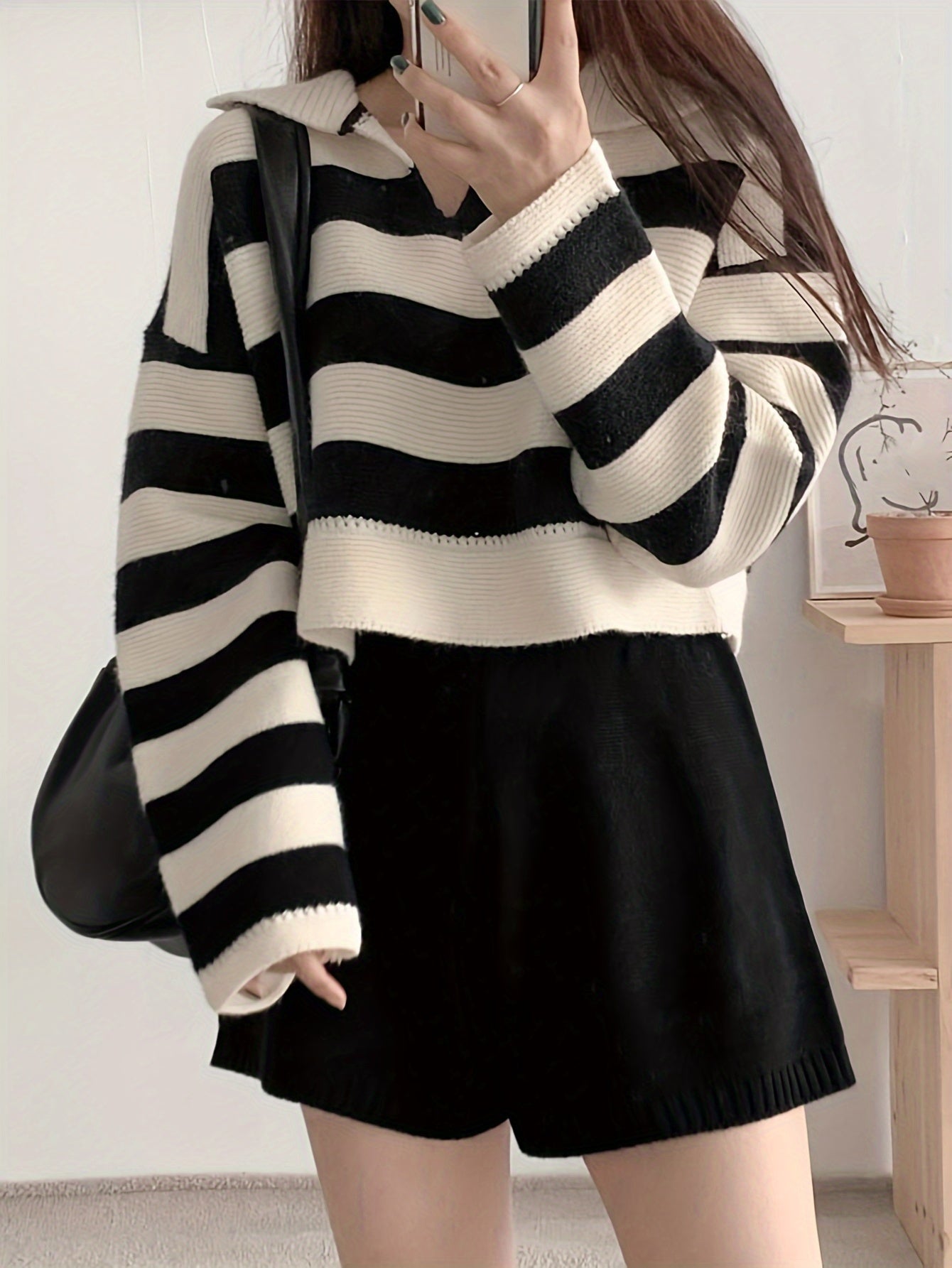 Vzyzv Striped Notched Collar Pullover Sweater, Casual Long Sleeve Loose Crop Sweater, Women's Clothing