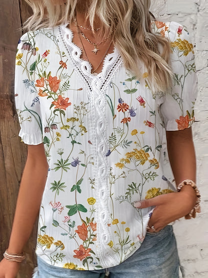 Vzyzv Floral Print Contrast Lace Blouse, Casual V Neck Short Sleeve Summer Blouse, Women's Clothing