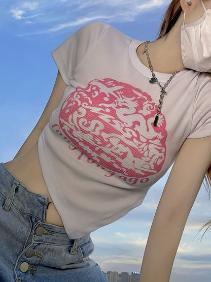 Vzyzv Asymmetrical Hem Letter Print T-Shirt, Y2K Crop Crew Neck Short Sleeve T-Shirt For Spring & Summer, Women's Clothing