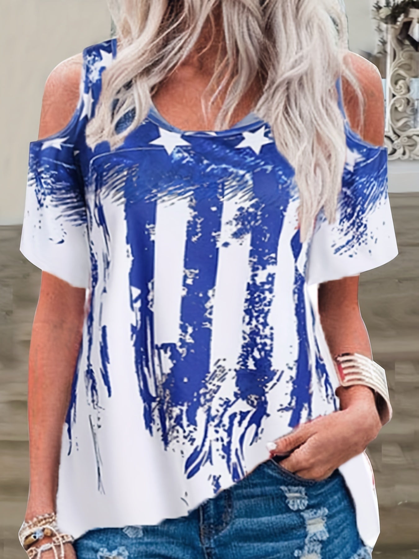 Vzyzv Flag Print Cold Shoulder T-Shirt, Casual Crew Neck Short Sleeve T-Shirt For Spring & Summer, Women's Clothing