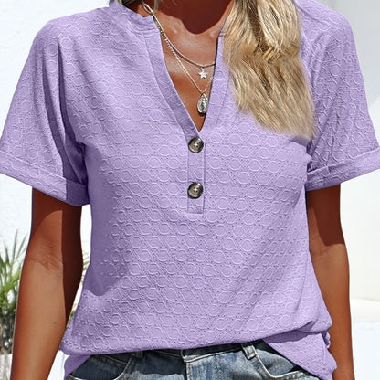 Vzyzv Eyelet Button Front V Neck T-Shirt, Casual Short Sleeve Top For Spring & Summer, Women's Clothing