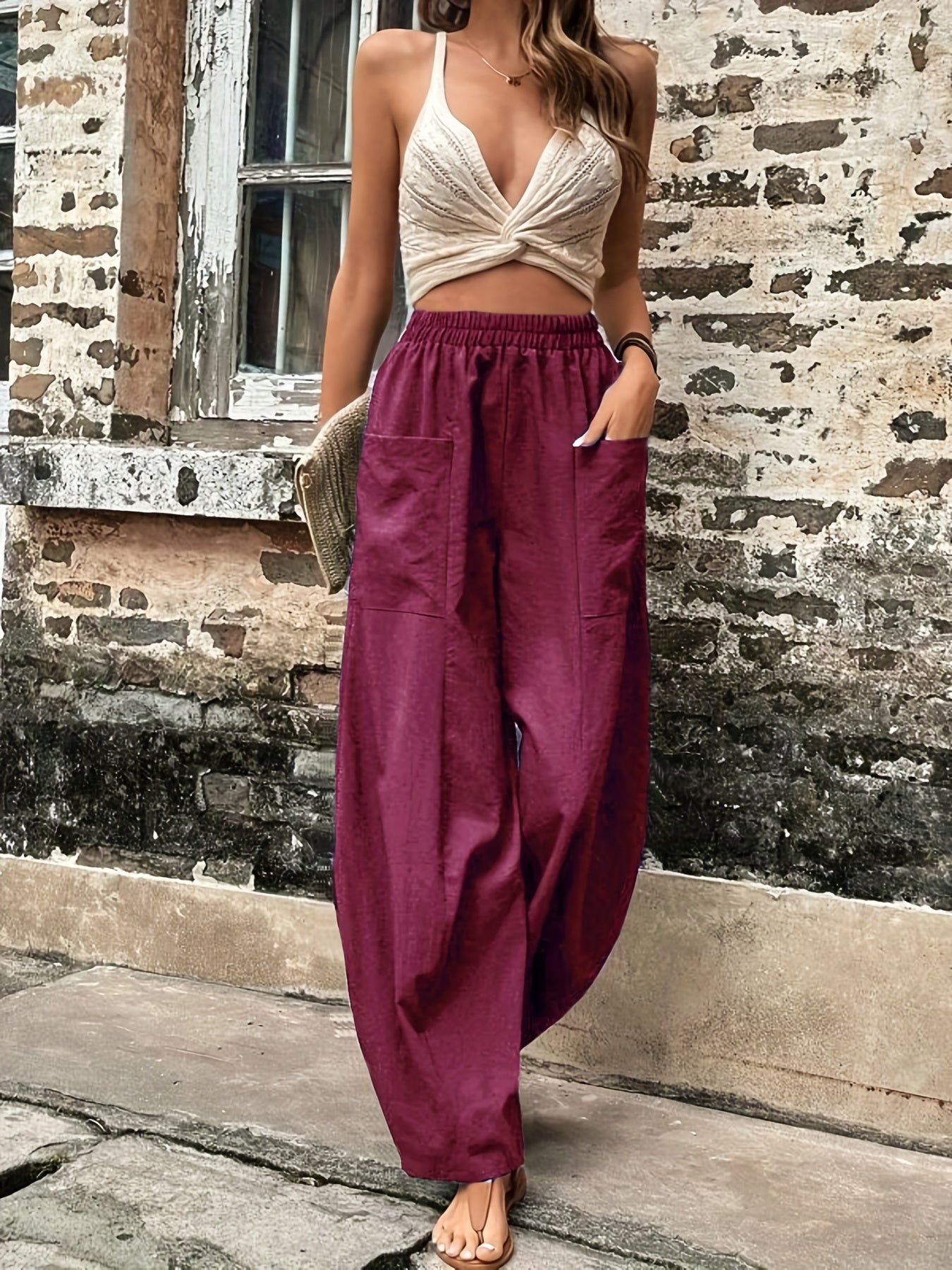 Vzyzv Boho Solid Elastic Waist Harem Pants, Casual Long Length Baggy Pants With Pockets For Spring & Summer, Women's Clothing