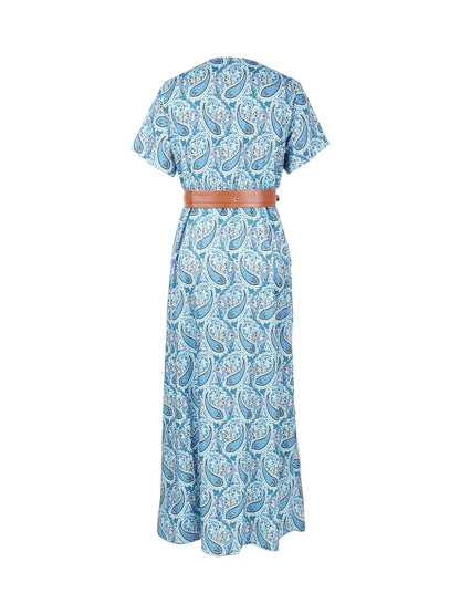 VzyzvBoho Floral Print Dress, V Neck Short Sleeve Belted Maxi Dress, Women's Clothing