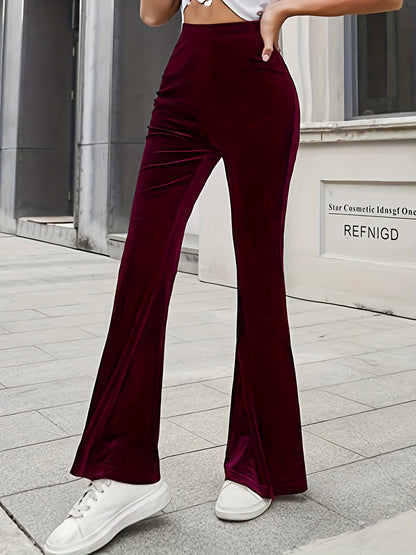 Vzyzv Solid Velvet Flare Leg Pants, Elegant High Waist Slim Pants, Women's Clothing