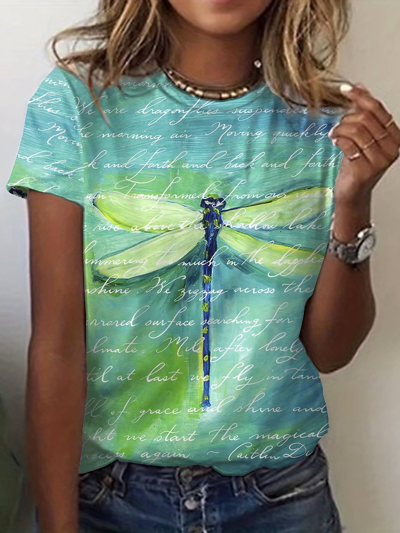 Romildi Vzyzv Dragonfly & Letter Print Crew Neck T-Shirt, Casual Short Sleeve T-Shirt For Spring & Summer, Women's Clothing