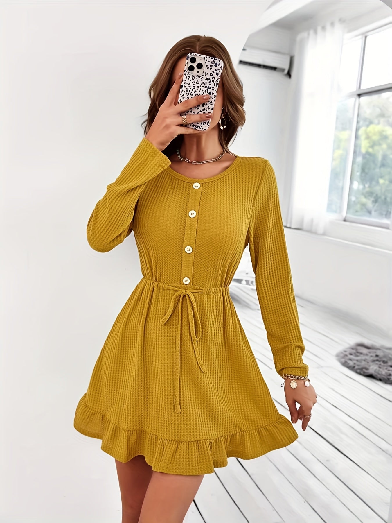 Vzyzv Ruffle Hem Button Front Dress, Casual Long Sleeve Crew Neck Drawstring Dress, Women's Clothing