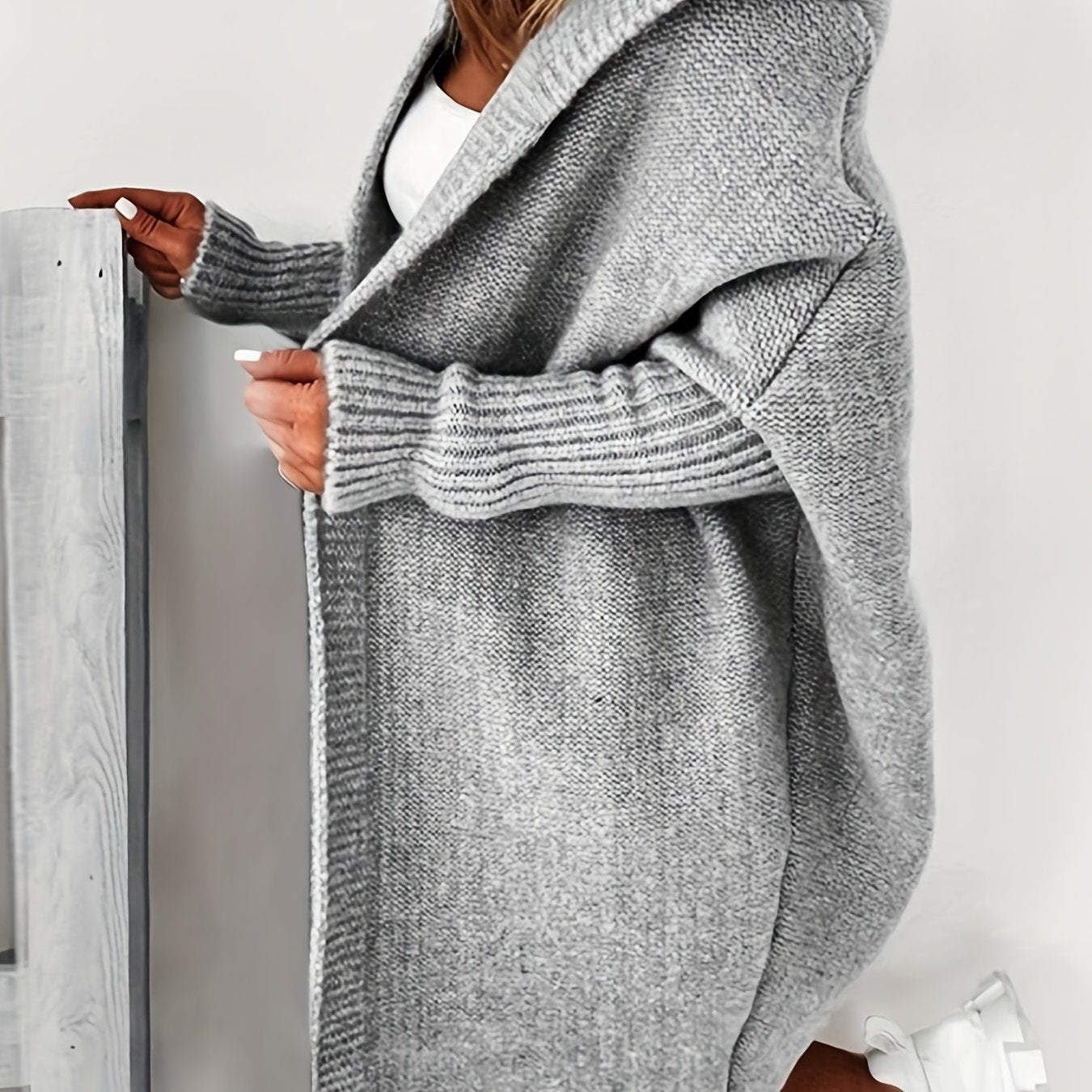 Vzyzv Oversized Hooded Knitted Cardigan, Long Sleeve Casual Sweater For Winter & Fall, Women's Clothing
