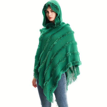 Vzyzv Loose Knit Hooded Pullover Poncho Large Solid Color Batwing Tassel Shawl Autumn Winter Travel Outside Windproof Cape