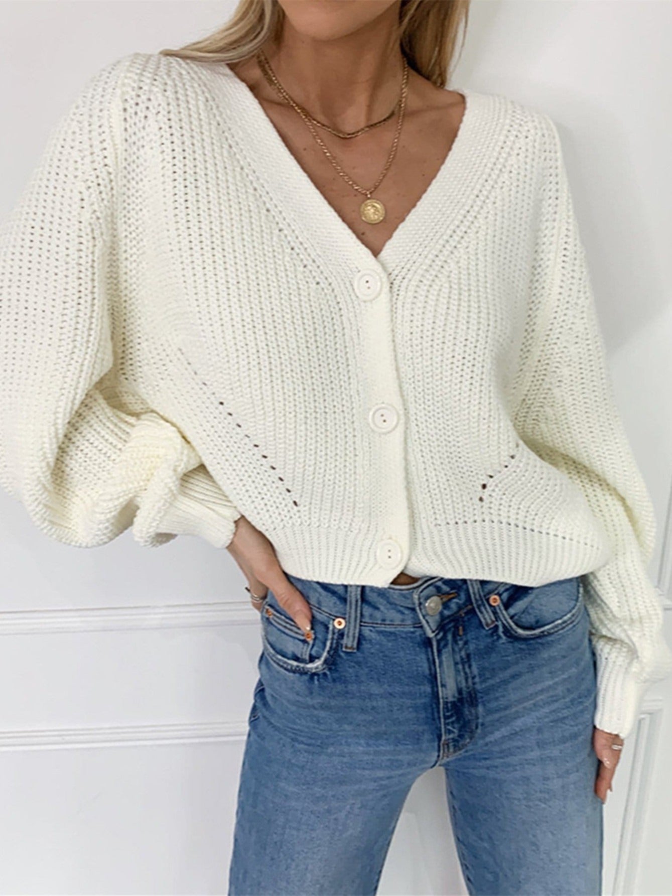 Vzyzv Women's Sweater Solid V-neck Button Up Knit Cardigan
