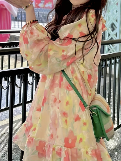 Vzyzv Floral Print Round Collar Ruffle Chiffon Dress, Lantern Long Sleeve Casual Dress, Women's Clothing