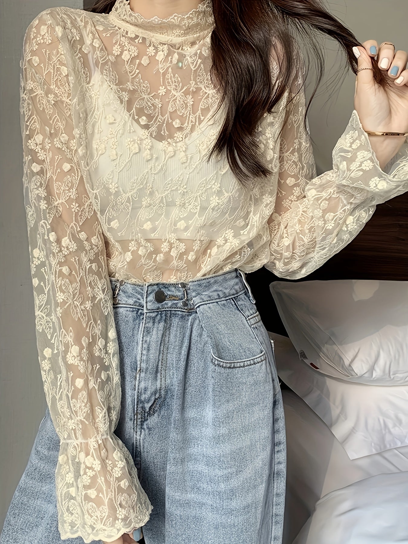 Vzyzv Guipure Lace Overlay Flare Sleeve Blouse, Casual Mock Neck Long Sleeve Blouse, Women's Clothing