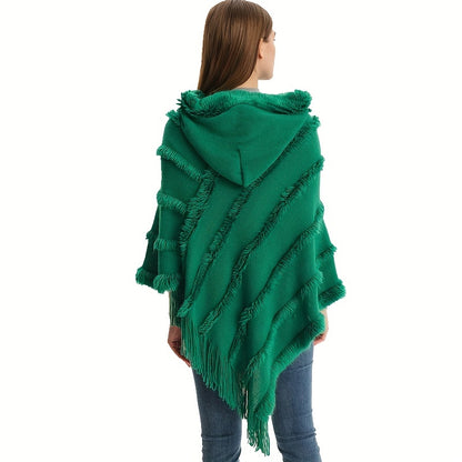 Vzyzv Loose Knit Hooded Pullover Poncho Large Solid Color Batwing Tassel Shawl Autumn Winter Travel Outside Windproof Cape