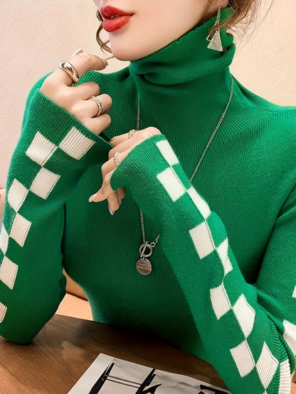 Vzyzv Plaid Turtle Neck Pullover Sweater, Casual Long Sleeve Slim Versatile Sweater, Women's Clothing