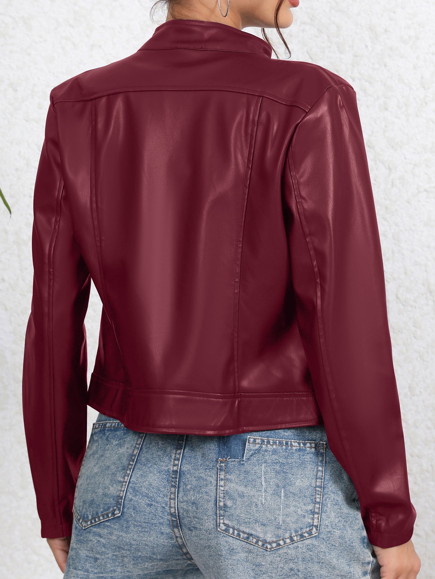 Vzyzv Faux Leather Zip Up Jacket, Biker Long Sleeve Jacket For Fall & Winter, Women's Clothing