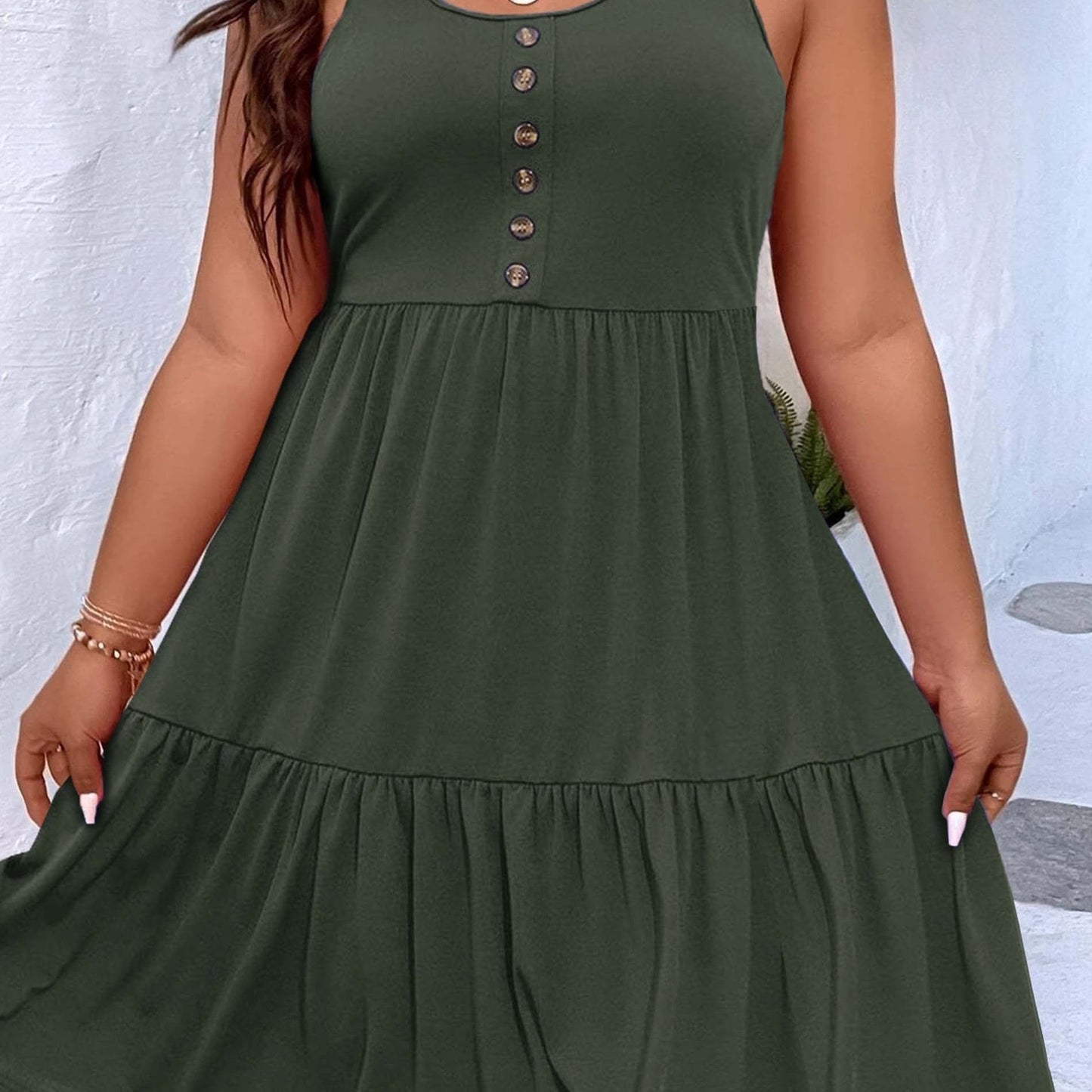 Vzyzv Plus Size Casual Loungewear, Women's Plus Ruffled Hem Button Detail Medium Stretch Comfort Tank Dress