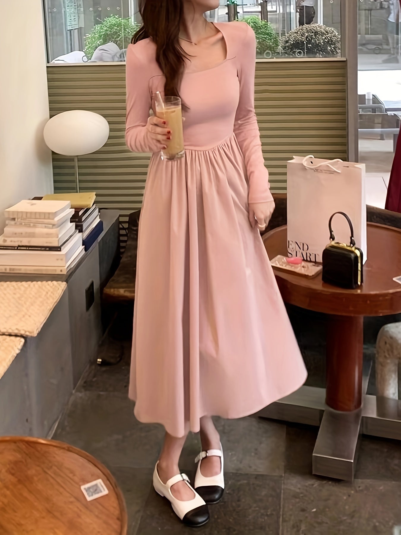 vzyzv  Solid Square Neck Dress, Elegant Long Sleeve Dress For Spring & Fall, Women's Clothing