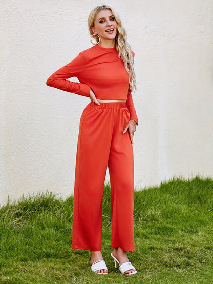 Vzyzv Solid Casual Two-piece Set, Crew Neck Long Sleeve Tops & Wide Leg Pants Outfits, Women's Clothing