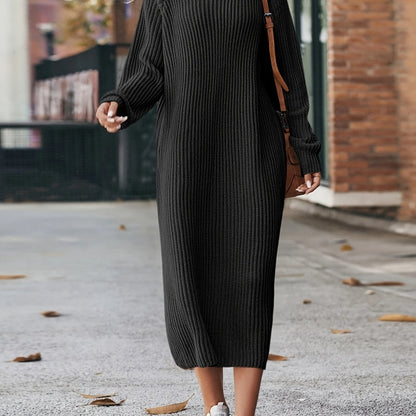 Vzyzv Turtleneck Ribbed Sweater Dress, Casual Solid Long Sleeve Midi Dress, Women's Clothing