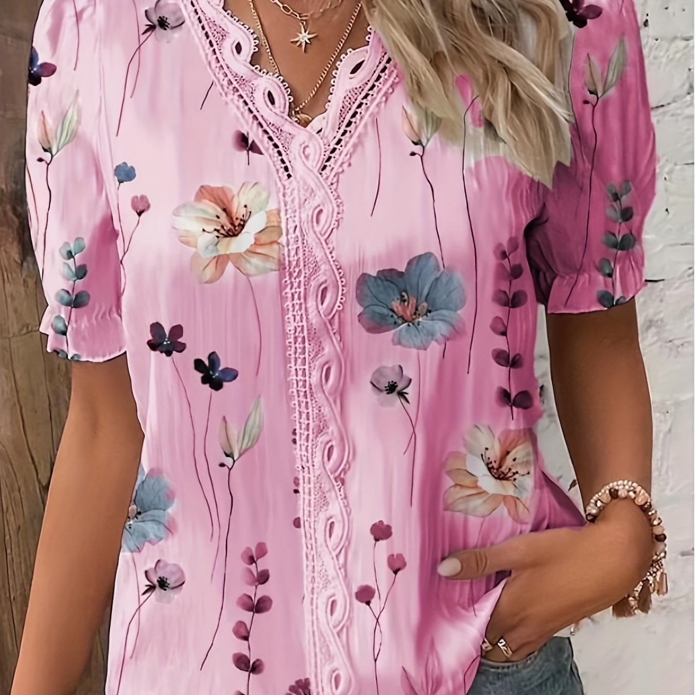 Vzyzv Floral Print V Neck Lace Trim Blouse, Boho Puff Sleeve Blouse For Summer, Women's Clothing