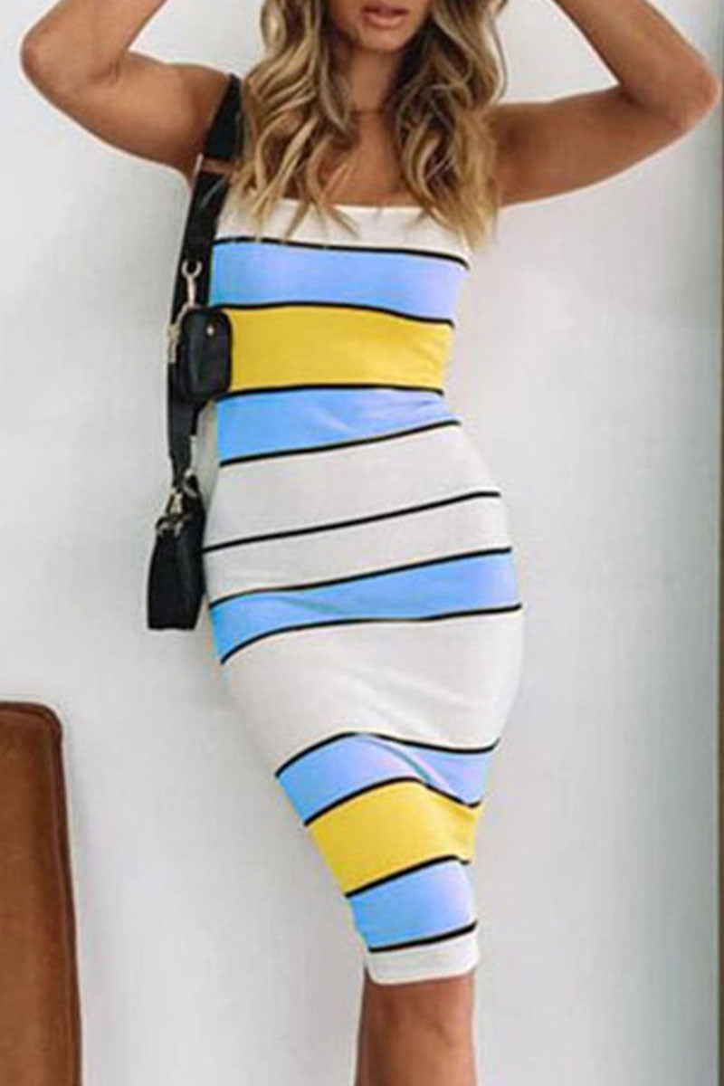 vzYzv Fashion Casual Striped Patchwork Spaghetti Strap Pencil Skirt Dresses