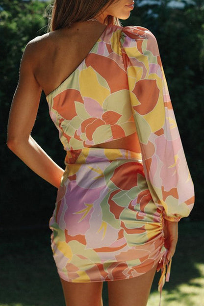 vzYzv Fashion Street Print Hollowed Out One Shoulder Irregular Dresses