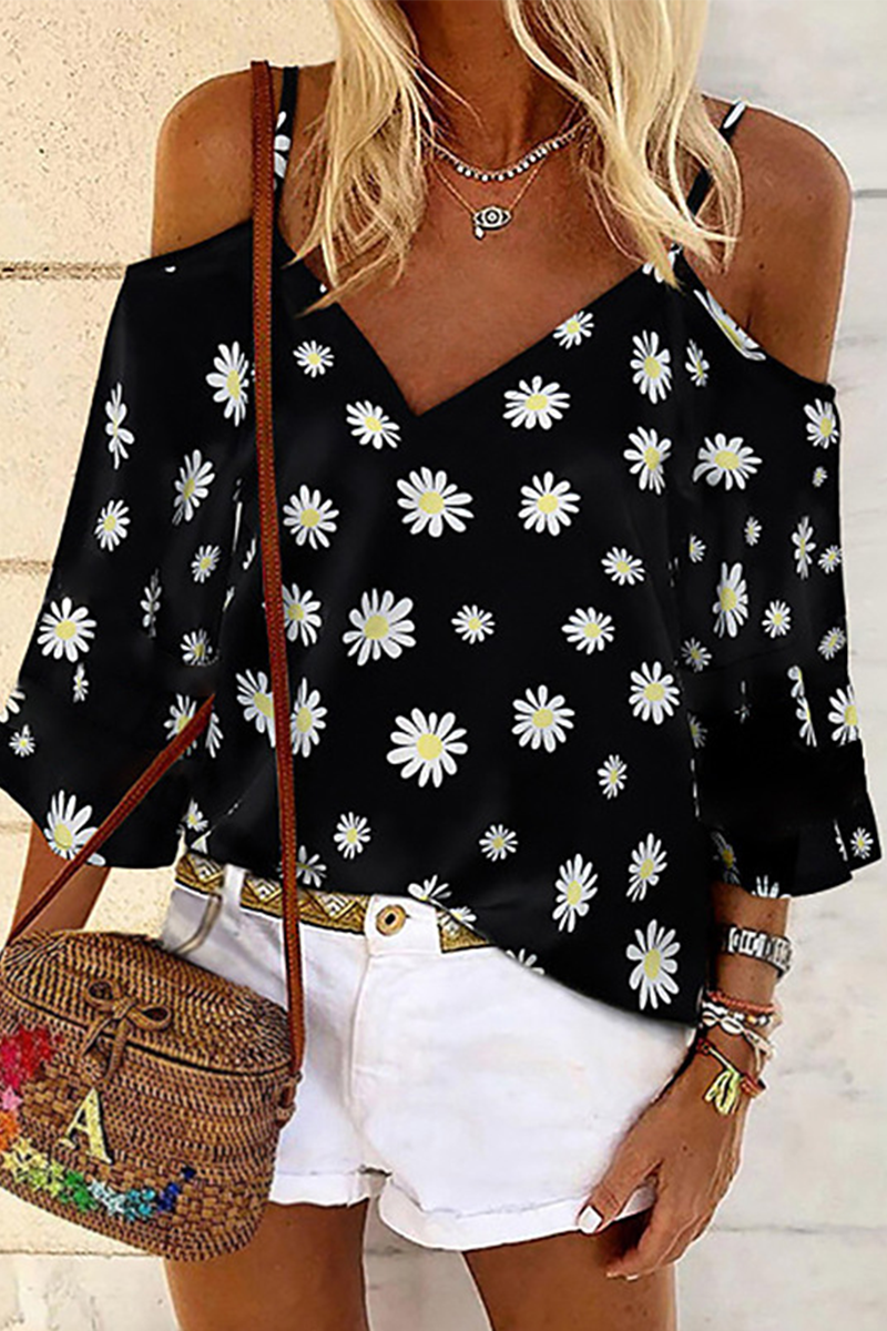 Casual Print Hollowed Out Patchwork V Neck Tops(3 Colors)