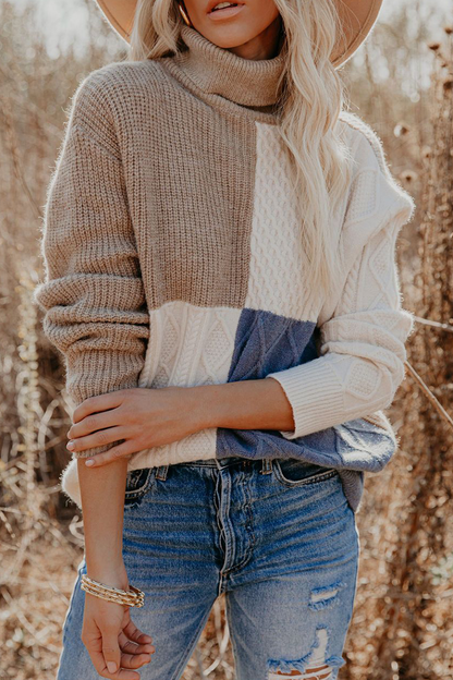 Casual Patchwork  Contrast Turtleneck Tops