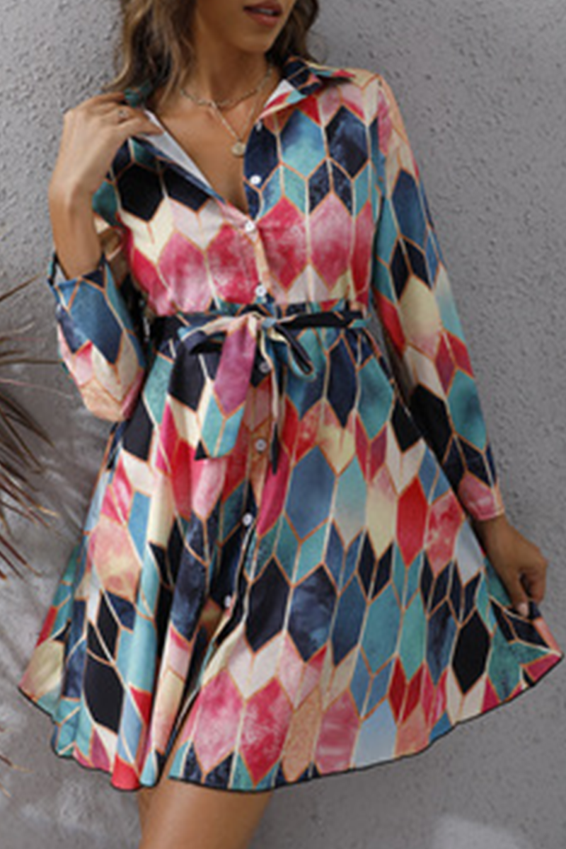 Elegant Geometric Print Buckle With Belt Turndown Collar A Line Dresses