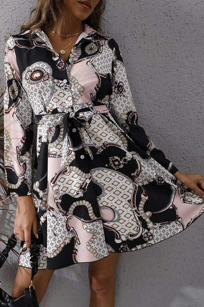 Elegant Geometric Print Buckle With Belt Turndown Collar A Line Dresses