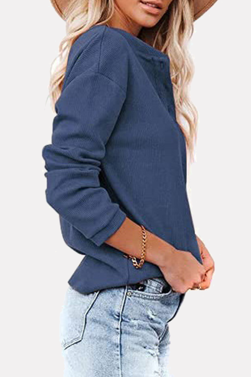 Casual Solid Buckle O Neck Tops