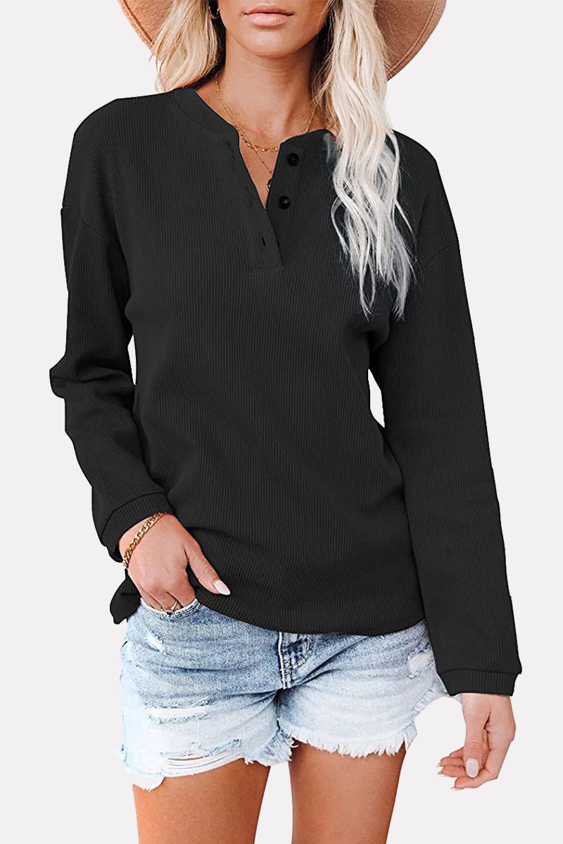 Casual Solid Buckle O Neck Tops