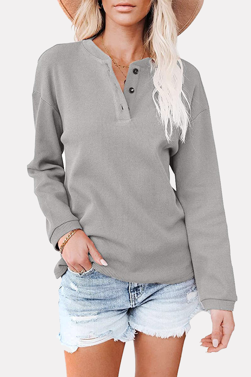 Casual Solid Buckle O Neck Tops