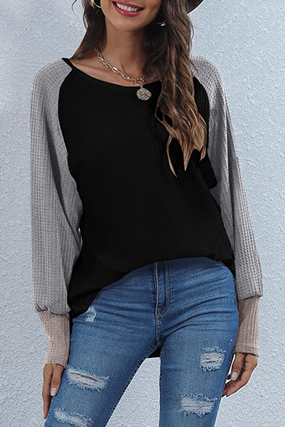 Casual Patchwork Contrast O Neck Tops(4 Colors)