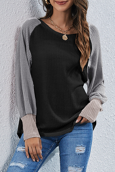 Casual Patchwork Contrast O Neck Tops(4 Colors)