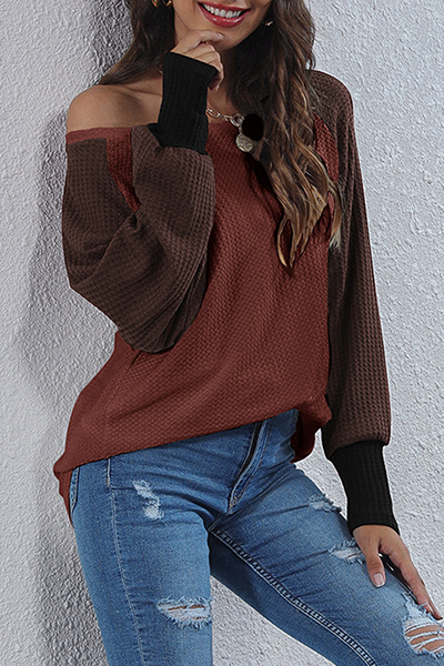 Casual Patchwork Contrast O Neck Tops(4 Colors)