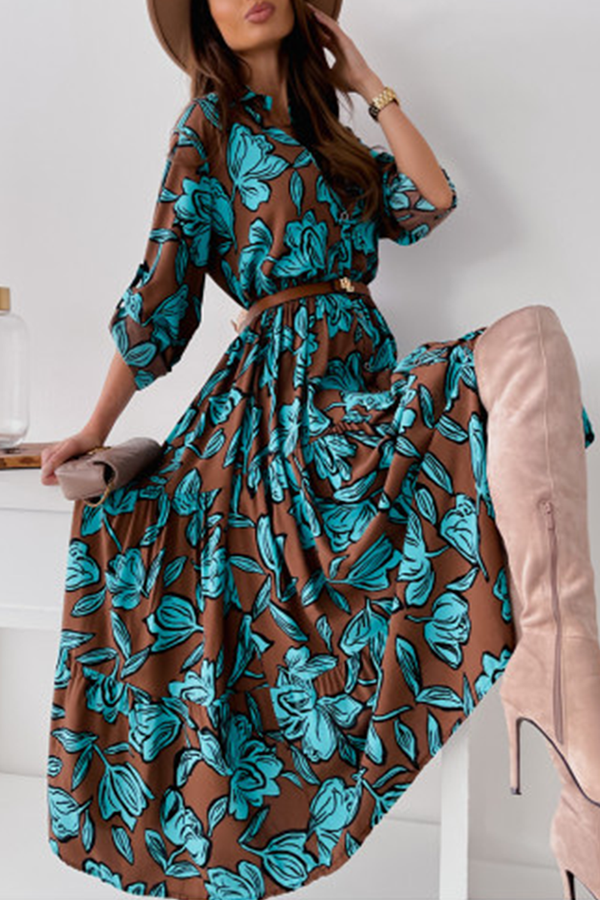 Elegant Floral Patchwork Buckle Turndown Collar A Line Dresses