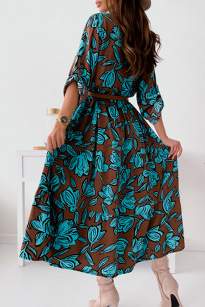 Elegant Floral Patchwork Buckle Turndown Collar A Line Dresses