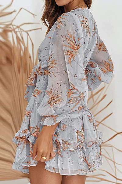 vzYzv Fashion Elegant Floral Flounce Strap Design V Neck Dresses