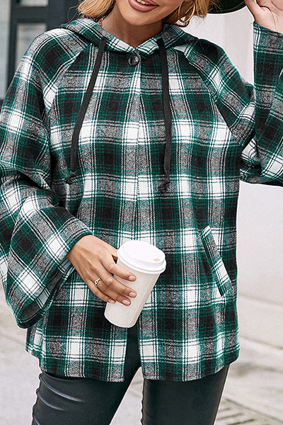 Casual Plaid Draw String Pocket Hooded Collar Outerwear