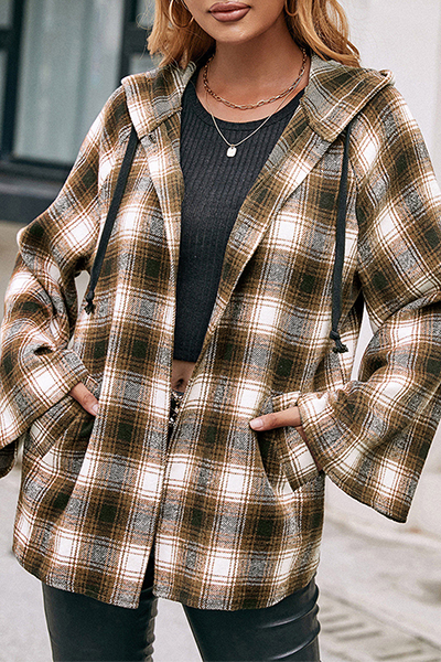 Casual Plaid Draw String Pocket Hooded Collar Outerwear