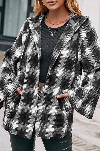 Casual Plaid Draw String Pocket Hooded Collar Outerwear