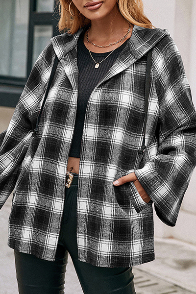 Casual Plaid Draw String Pocket Hooded Collar Outerwear