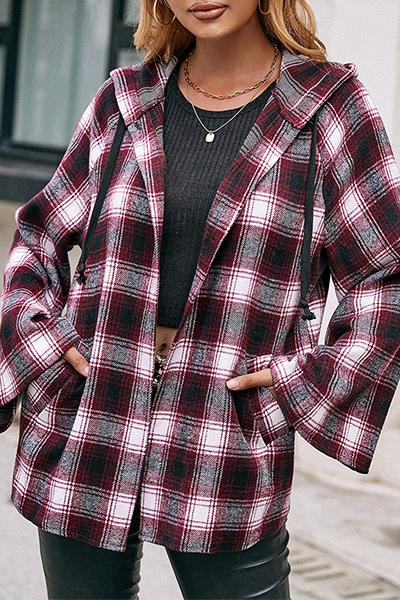 Casual Plaid Draw String Pocket Hooded Collar Outerwear