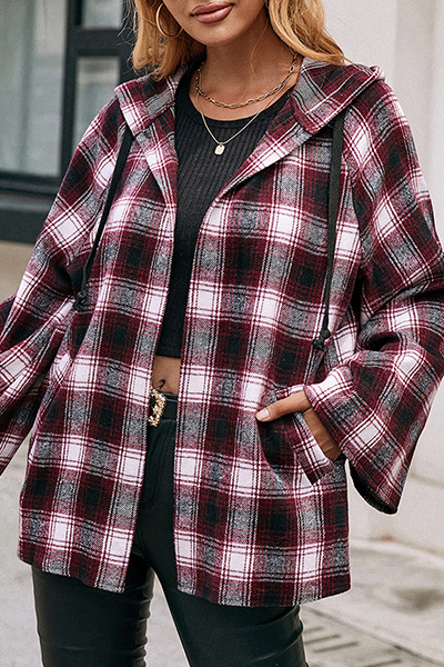 Casual Plaid Draw String Pocket Hooded Collar Outerwear