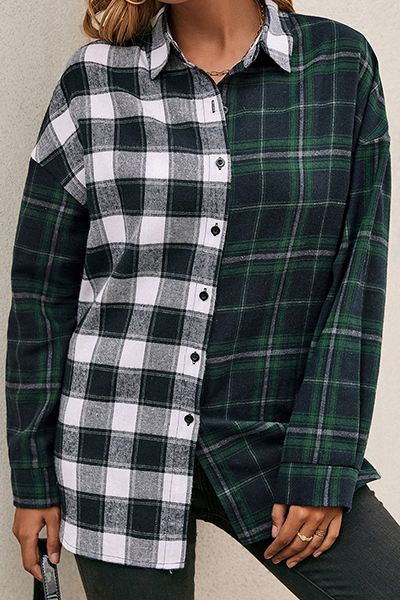 Casual Plaid Split Joint Buckle Turndown Collar Tops