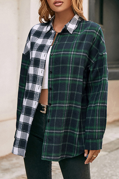 Casual Plaid Split Joint Buckle Turndown Collar Tops