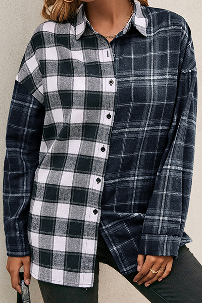 Casual Plaid Split Joint Buckle Turndown Collar Tops